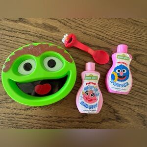 Vintage Sesame Street Green Plate and Pink Bottles Set